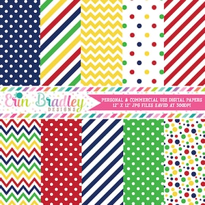 Primary Colors Digital Paper Pack, Blue Red Yellow Green Digital Papers with Stripes Polka Dots & Chevron