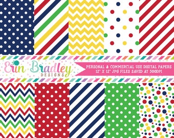 Primary Colors Digital Paper Pack, Blue Red Yellow Green Digital Papers with Stripes Polka Dots & Chevron