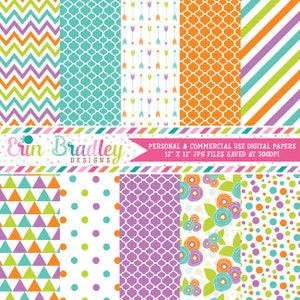 Printable Digital Papers Purple Green Orange Blue Flowers Polka Dots Chevron Stripes Digital Paper Pack Instant Download