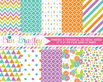 Printable Digital Papers Purple Green Orange Blue Flowers Polka Dots Chevron Stripes Digital Paper Pack Instant Download