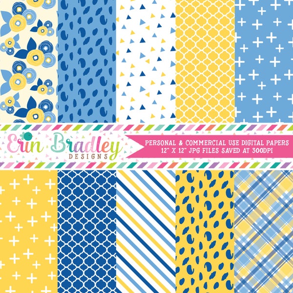 Yellow and Blues Digital Paper Pack Personal & Commercial Use Digital Scrapbook Paper Floral Patterns Plaid Triangles Stripes