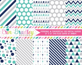 Commercial Use Digital Paper Pack, Navy Blue Turquoise Silver Digital Papers, Polka Dot Arrow Chevron Striped Doodle Digital Patterns