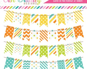 Digital Bunting Clipart Graphics Yellow Orange Green & Blue Commercial Use Clip Art Polka Dots Chevron Stripes