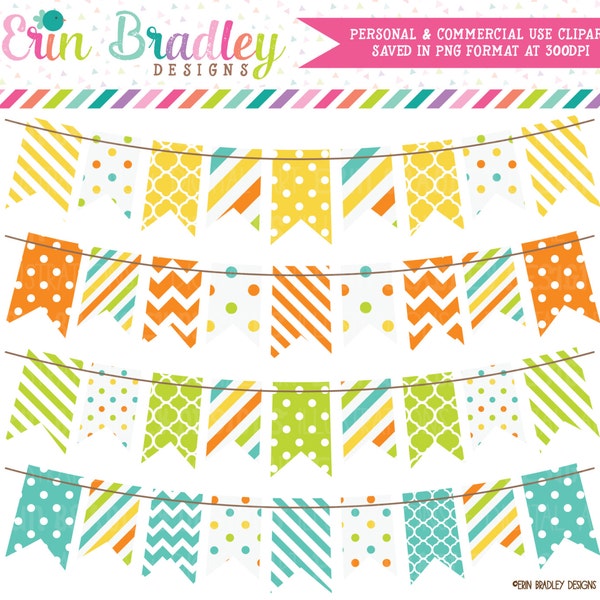 Digital Bunting Clipart Graphics Yellow Orange Green & Blue Commercial Use Clip Art Polka Dots Chevron Stripes