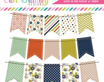 Colorful Fall Bunting Clipart Graphics Banner Flag Digital Clip Art Set with Stripes Polka Dots & Flowers Instant Download