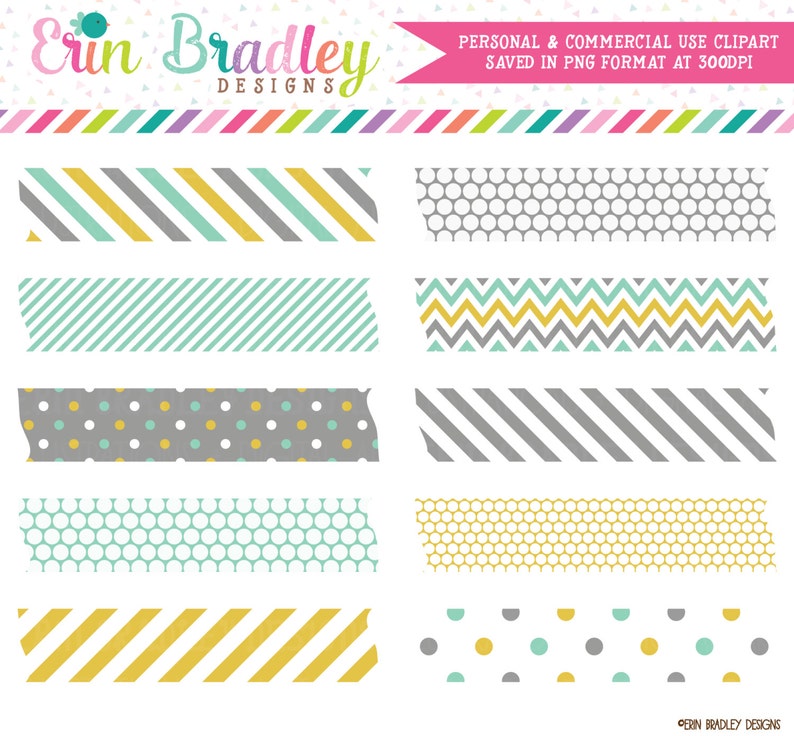 Aqua Gold and Gray Digital Washi Tape Clipart Clip Art Personal Commercial Use Instant Download image 1