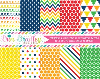 Primary Colors Digital Paper Pack Instant Download Digital Papers Polka Dots Stripes Chevron Triangles & Doodles