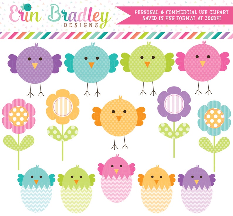 Spring Chickadees and Eggs Clip Art Set with Flowers Clipart Commercial Use image 1