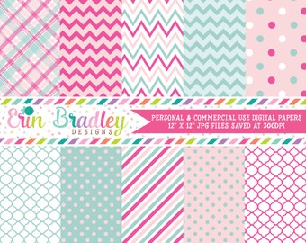 Digital Paper Pack Personal and Commercial Use Pink and Blue Chevron and Polka Dots