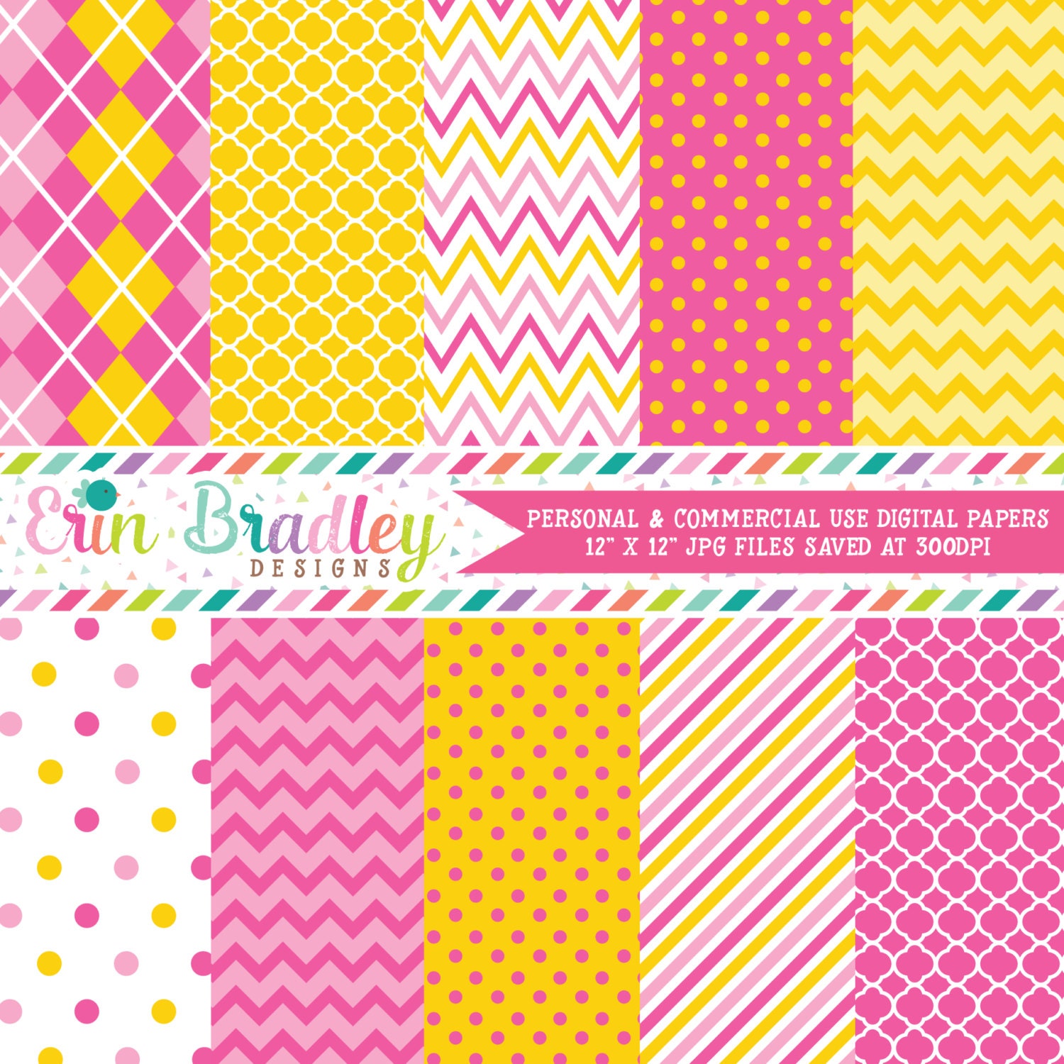 Monkey Girl Pink & Yellow Digital Paper Pack Commercial Use Instant Download