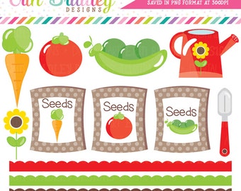 Garden Clipart Vegetables Seeds Flowers Digital Clip Art Graphics with Scalloped Borders Commercial Use