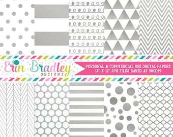 Silver Digital Paper Pack Instant Download Digital Silver Foil Effect Commercial Use Scrapbook Paper Chevron Polka Dots Stripes