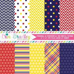 Blue Yellow and Red Commercial Use Digital Paper Set