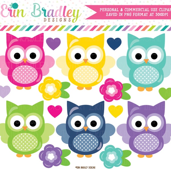 Owl Clipart with Flowers and Hearts Instant Download Commercial Use Clip Art Graphics