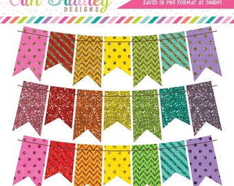 Rainbow Glitter Banners Clipart Graphics Instant Download Commercial Use Glitter Bunting Clip Art