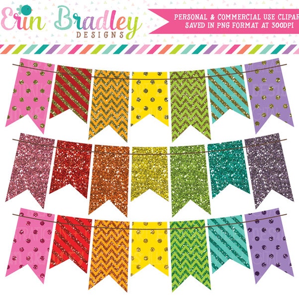 Rainbow Glitter Banners Clipart Graphics Instant Download Commercial Use Glitter Bunting Clip Art