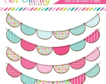 Pink and Blue Flowers Bunting Clipart Commercial Use Digital Clip Art Graphics