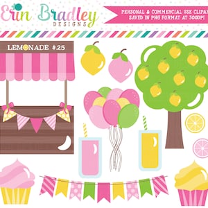 Lemonade Stand Clipart: Pink & Yellow Lemon Graphics (Digital Download)