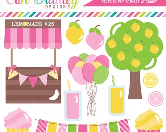 Lemonade Stand Clipart Kids Pink and Yellow Lemons Clip Art Graphics Birthday Party Clipart with Cupcakes Banner Balloons Lemon Tree