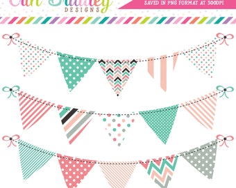 Digital Clipart Banners Commercial Use Bunting Graphics with Polka Dots Stripes & Chevron Patterns