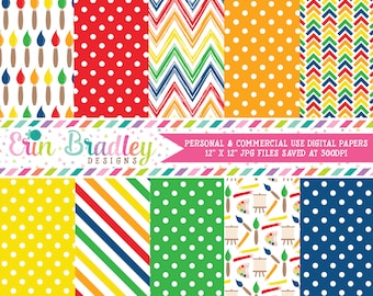 Art Party Digital Paper Pack Commercial Use Digital Scrapbook Paper with Paint Brushes Polka Dots Chevron & Stripes in Primary Colors