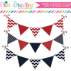 Red White and Blue Bunting Clipart Clip Art Banner Flags Personal & Commercial Use