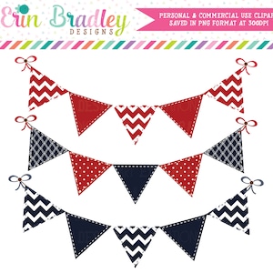 Red White and Blue Bunting Clipart Clip Art Banner Flags Personal & Commercial Use