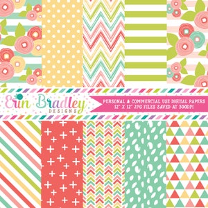 Pacote de papel digital Muted Brights com bolinhas, listras Chevron, cruz, triângulo, espinha de peixe e padrões florais. Uso comercial OK.