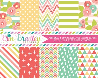 Muted Brights Digital Paper Pack with Polka Dotted, Chevron Striped, Cross, Triangle, Herringbone and Floral Patterns Commercial Use OK