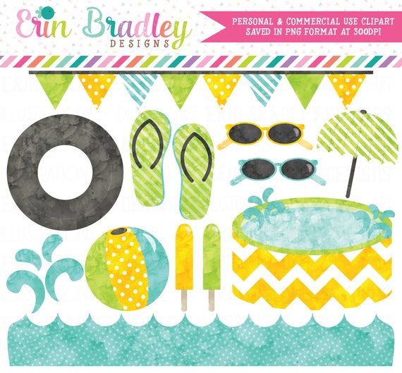 Watercolor Pool Party Clipart, Watercolor Summer Clipart, Beach Clipart Set, Commercial Use Kids Clip Art Graphics, Pool Party Clip Art Set Il_570xn