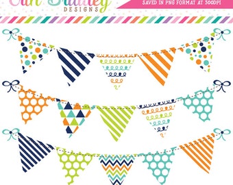 Clipart Bunting Flags in Navy Blue Orange & Green Commercial Use Banner Clip Art