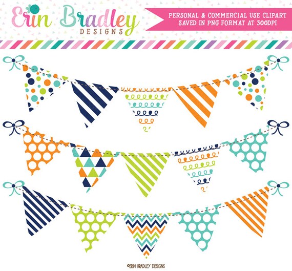 Clipart Bunting Flags in Navy Blue Orange & Green Commercial Use Banner