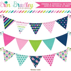 Clipart de bandeirinhas alegres, clipart de banner de bandeira em rosa, azul marinho e verde, uso comercial OK