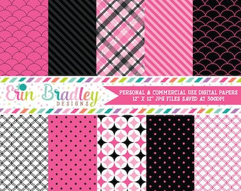 Digital Scrapbook Papers Personal and Commercial Use Fuchsia Pink and Black Medley