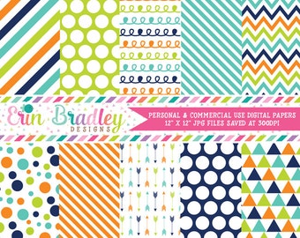 Commercial Use Digital Paper Pack Navy Blue Orange & Green Stripes Arrows Polka Dots Chevron Triangle Doodle Patterns