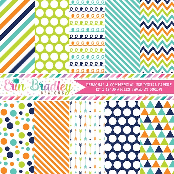 Commercial Use Digital Paper Pack Navy Blue Orange & Green Stripes Arrows Polka Dots Chevron Triangle Doodle Patterns