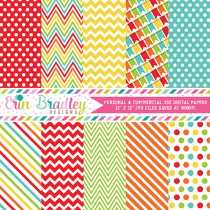 Bounce House Digital Paper Pack in Rainbow Colors Polka Dots Stripes Chevron - Bunting Patterns Utilisation personnelle et commerciale