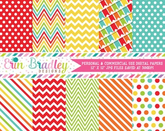 Bounce House Digital Paper Pack in Rainbow Colors Polka Dots Stripes Chevron & Bunting Patterns Personal and Commercial Use