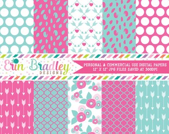 Pink and Blue Digital Paper Pack Spotty Dots Polka Dots Arrow and Floral Patterns Commercial Use Digital Scrapbook Paper Pack