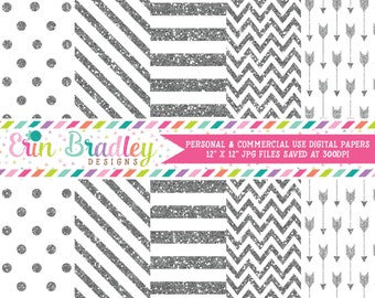 Silver Glitter Digital Paper Pack Commercial Use Digital Scrapbook Papers Polka Dots Stripes Chevron and Arrows