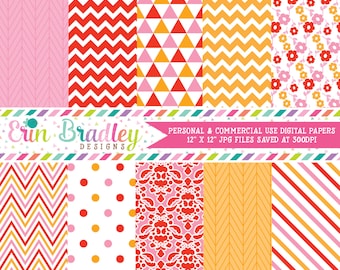 Digital Paper Pack in Pink Red & Orange with Herringbone Chevron Striped Triangle Floral Polka Dotted and Damask Patterns