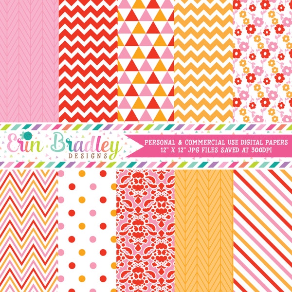 Digital Paper Pack in Pink Red & Orange with Herringbone Chevron Striped Triangle Floral Polka Dotted and Damask Patterns