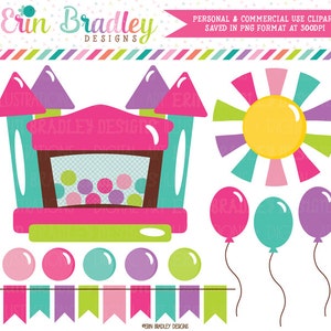 Bounce House Clipart Graphics Instant Download Bouncy Castle Digital Clip Art dla dziewczynek z balonami Sun and Bunting