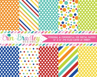 Easter Boys Digital Papers Blue Red Orange Yellow Green Stripes & Polka Dots Digital Paper Pack Instant Download