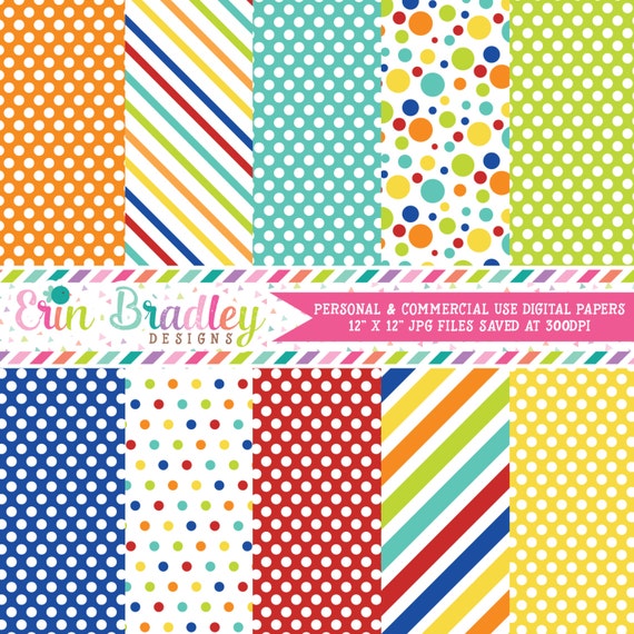 Easter Boys Digital Papers Blue Red Orange Yellow Green Stripes & Polka Dots Digital Paper Pack Instant Download Il_570xn