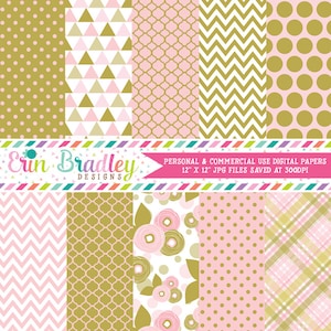 Pink and Gold Digital Papers Instant Download Printable Patterns Commercial Use Flowers Trianges Polka Dots Chevron and Plaid
