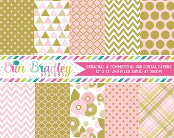 Pink and Gold Digital Papers Instant Download Printable Patterns Commercial Use Flowers Trianges Polka Dots Chevron and Plaid