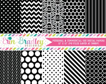 Black Digital Paper Pack Polka Dots Damask Chevron and Striped Background Patterns Digital Scrapbooking