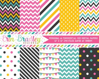 Pink Yellow & Blue Pool Party Digital Paper Pack Chevron Stripes Polka Dots and Bunting Digital Scrapbook Set Instant Download