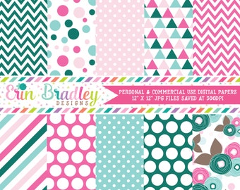 Commercial Use Digital Papers Pink Blue & Green Polka Dots Triangles Stripes and Flowers Printable Patterns